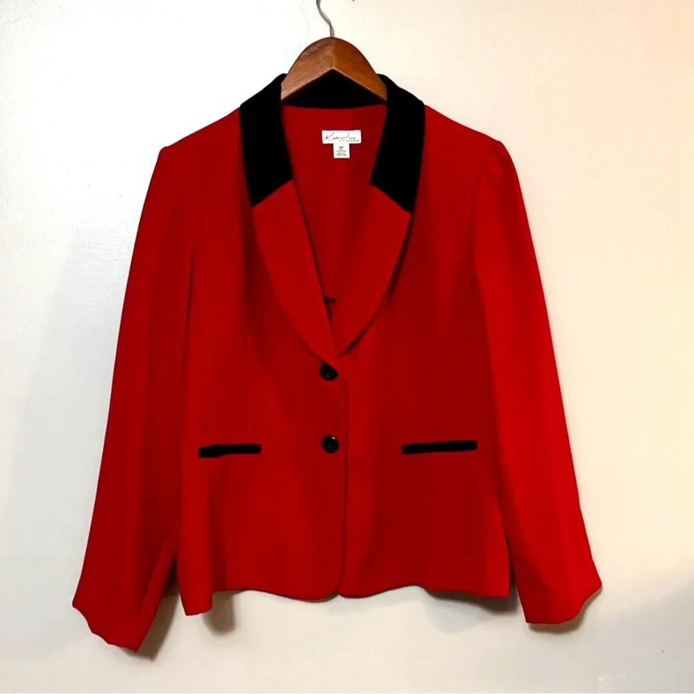 Kim RogersWomens Red Blazer W/ Black Collar 14P Petite Polyester Button Front - Picture 2 of 5